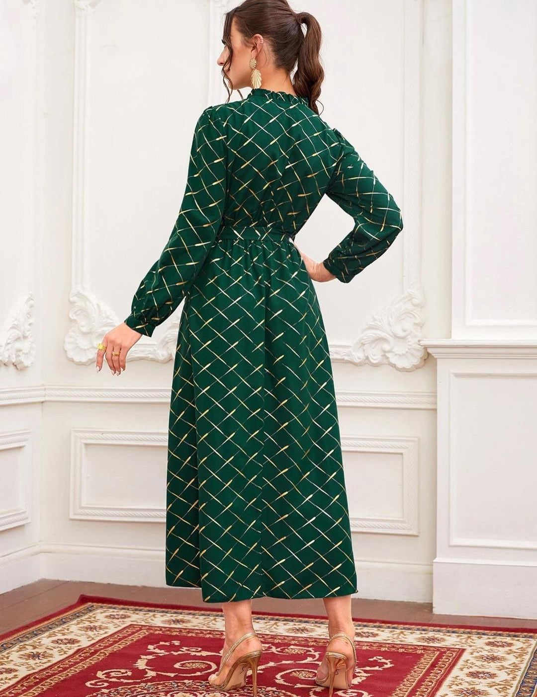 Kotty Geometric Printed Tie-Up Neck Puff Sleeve Crepe Fit & Flare Midi Dress