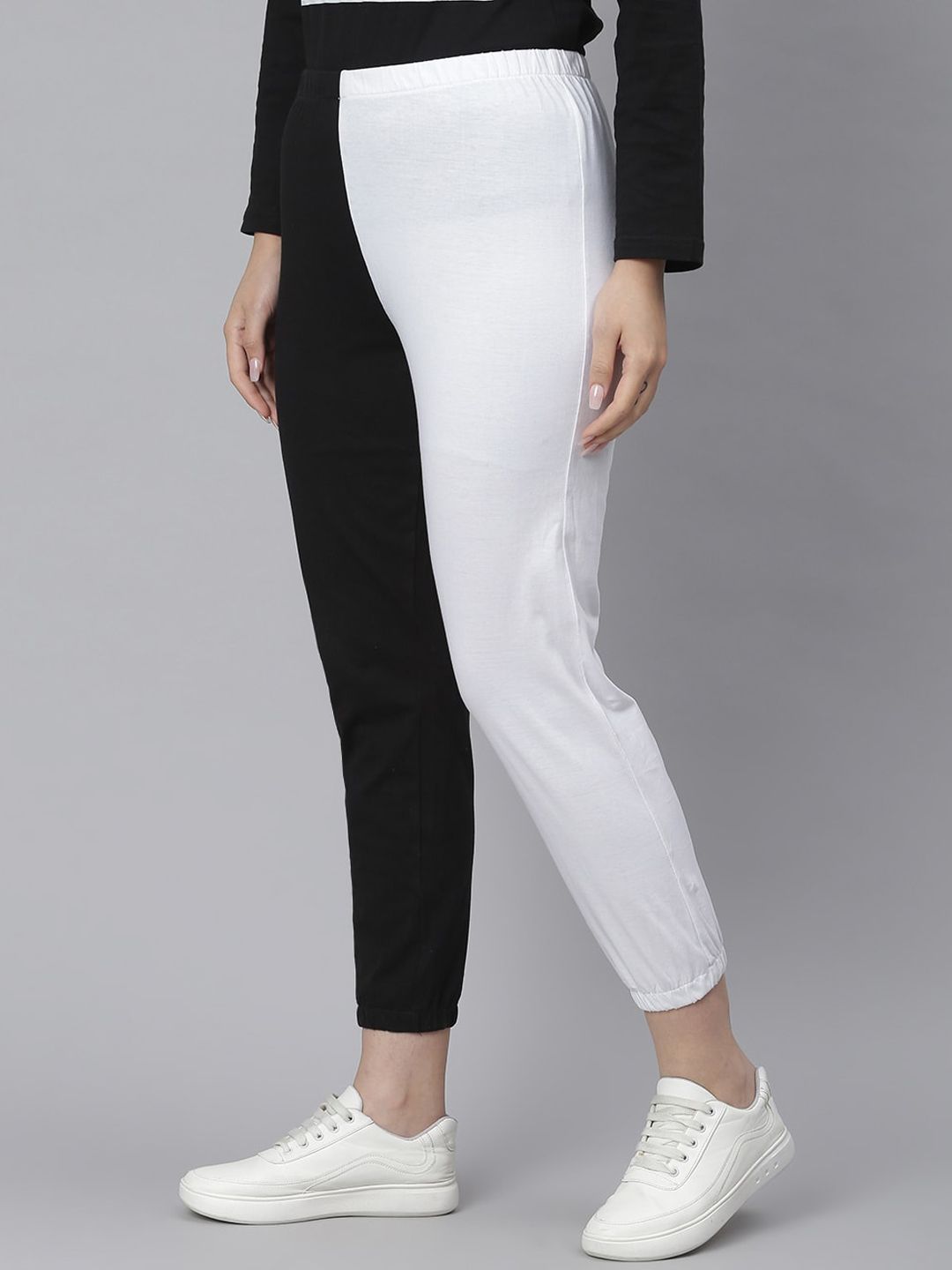 Kotty Women Black & White Colourblocked Straight-Fit Joggers