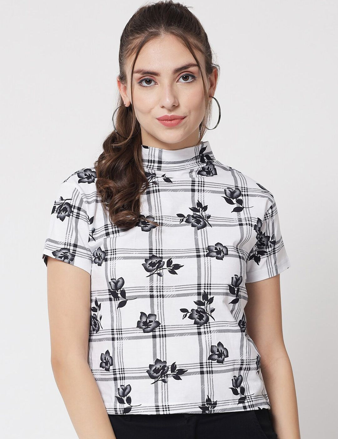 Kotty Women White & Black Floral Printed Cotton Blend Top