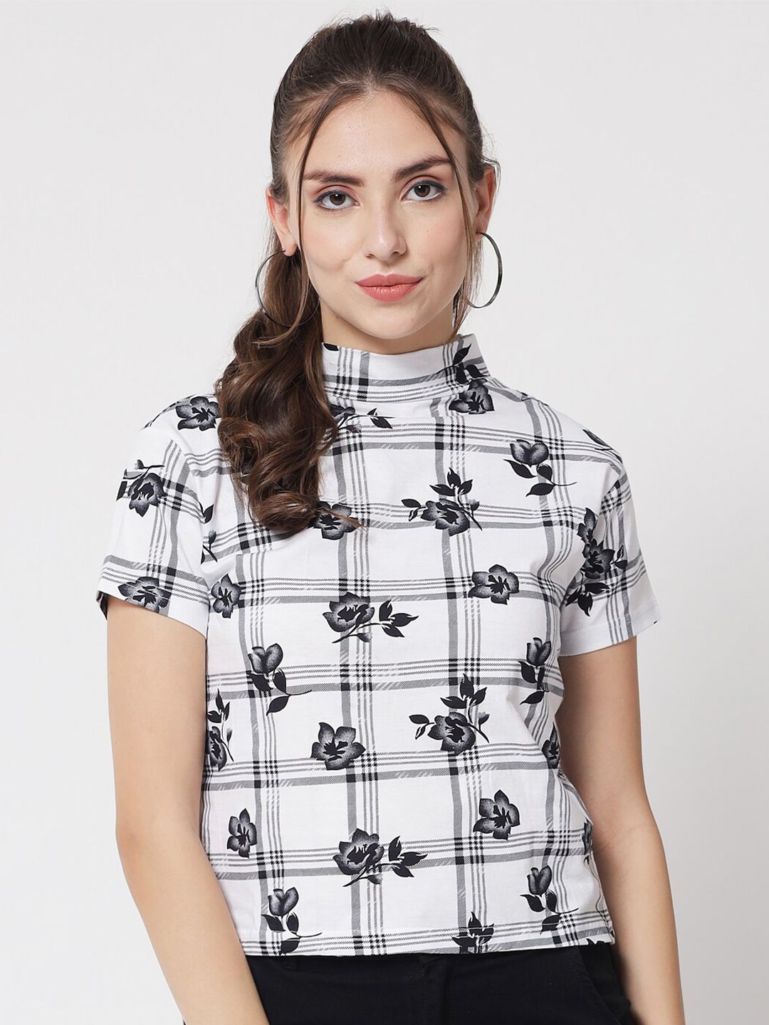 Kotty Women White & Black Floral Printed Cotton Blend Top