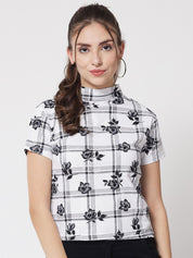Kotty Women White & Black Floral Printed Cotton Blend Top