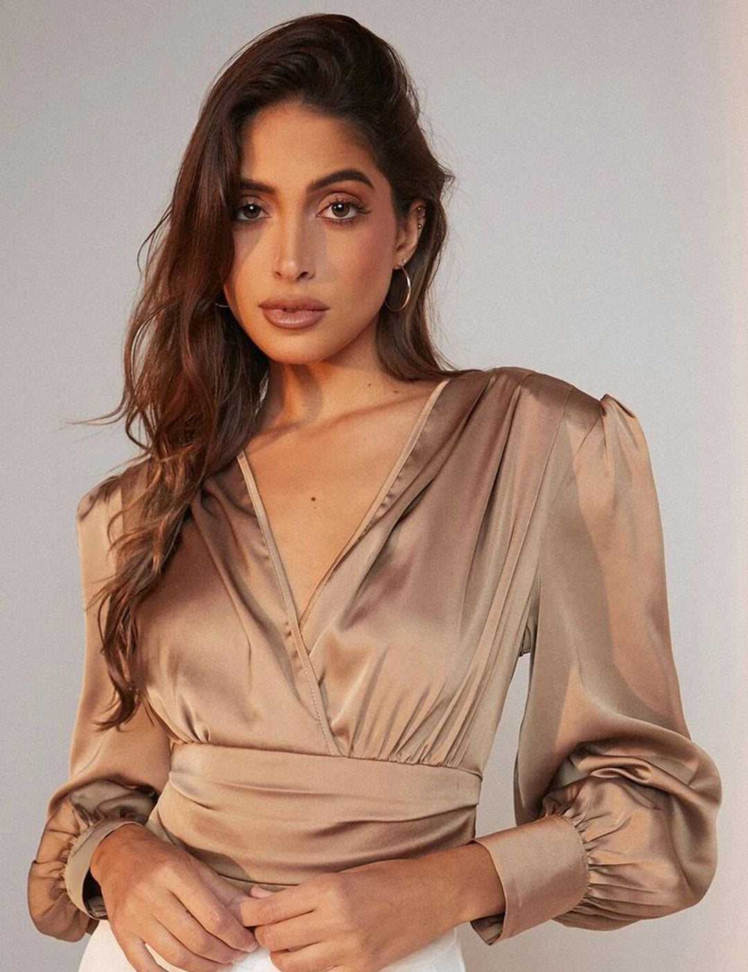 Kotty Brown Cuff Sleeves Satin Top