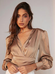 Kotty Brown Cuff Sleeves Satin Top