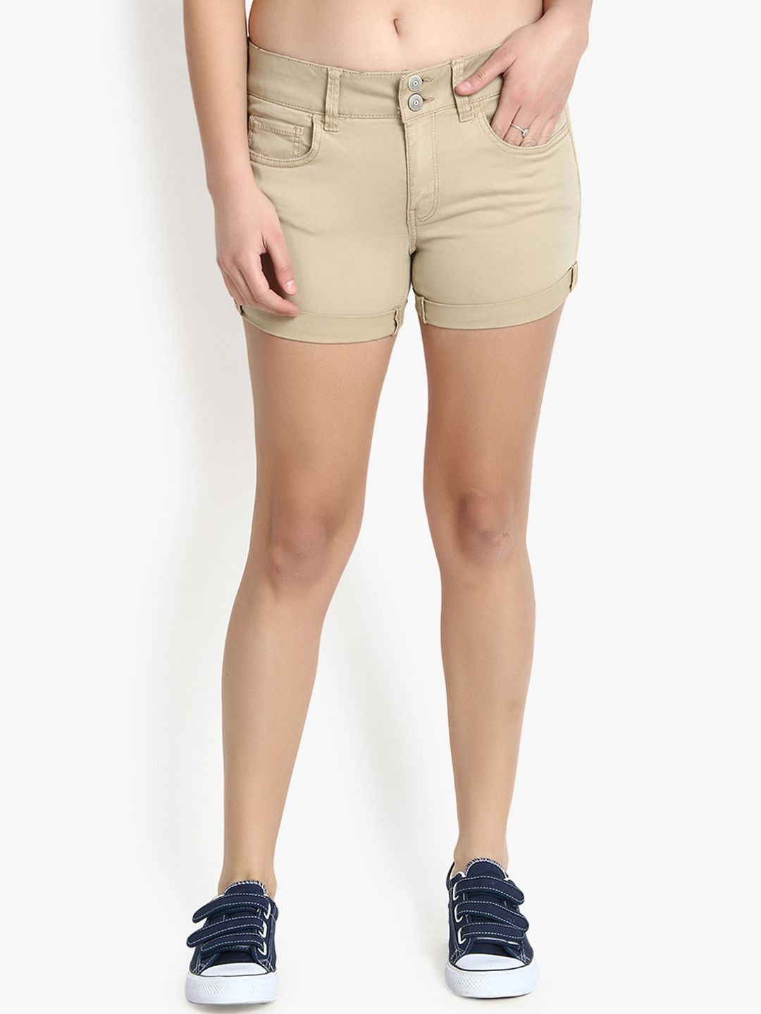 Kotty Women Beige Solid Regular Fit Denim Shorts