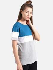 Kotty Women Blue & Grey Colourblocked Round Neck T-shirt