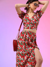 Kotty Red Floral Printed V-Neck Top With Skirt