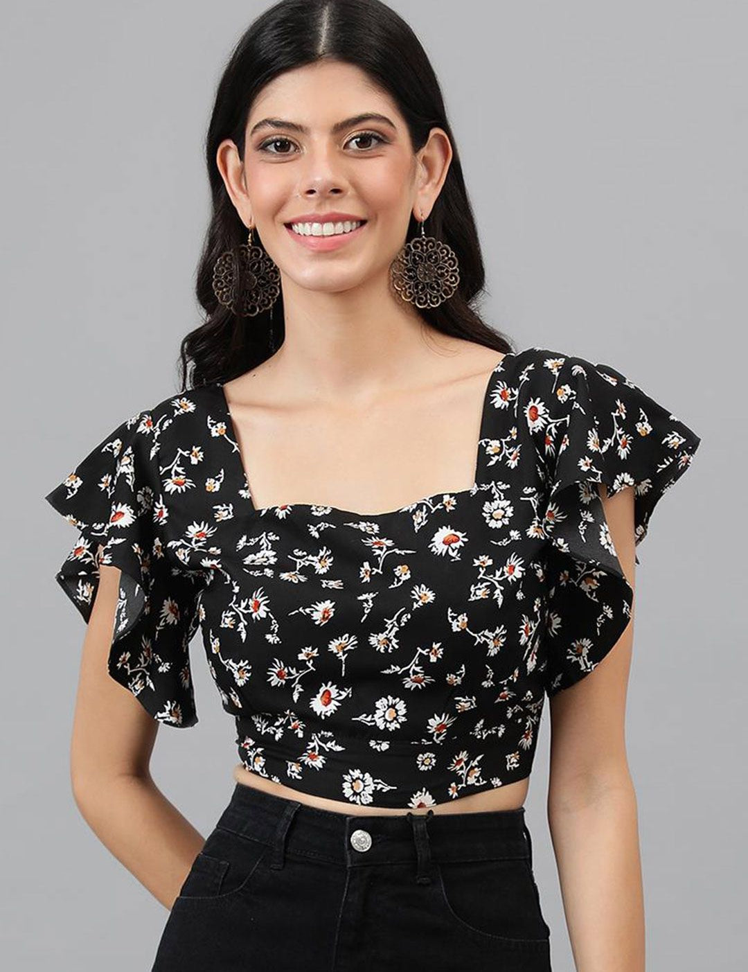 Kotty Black Floral Print Flutter Sleeve Crop Top