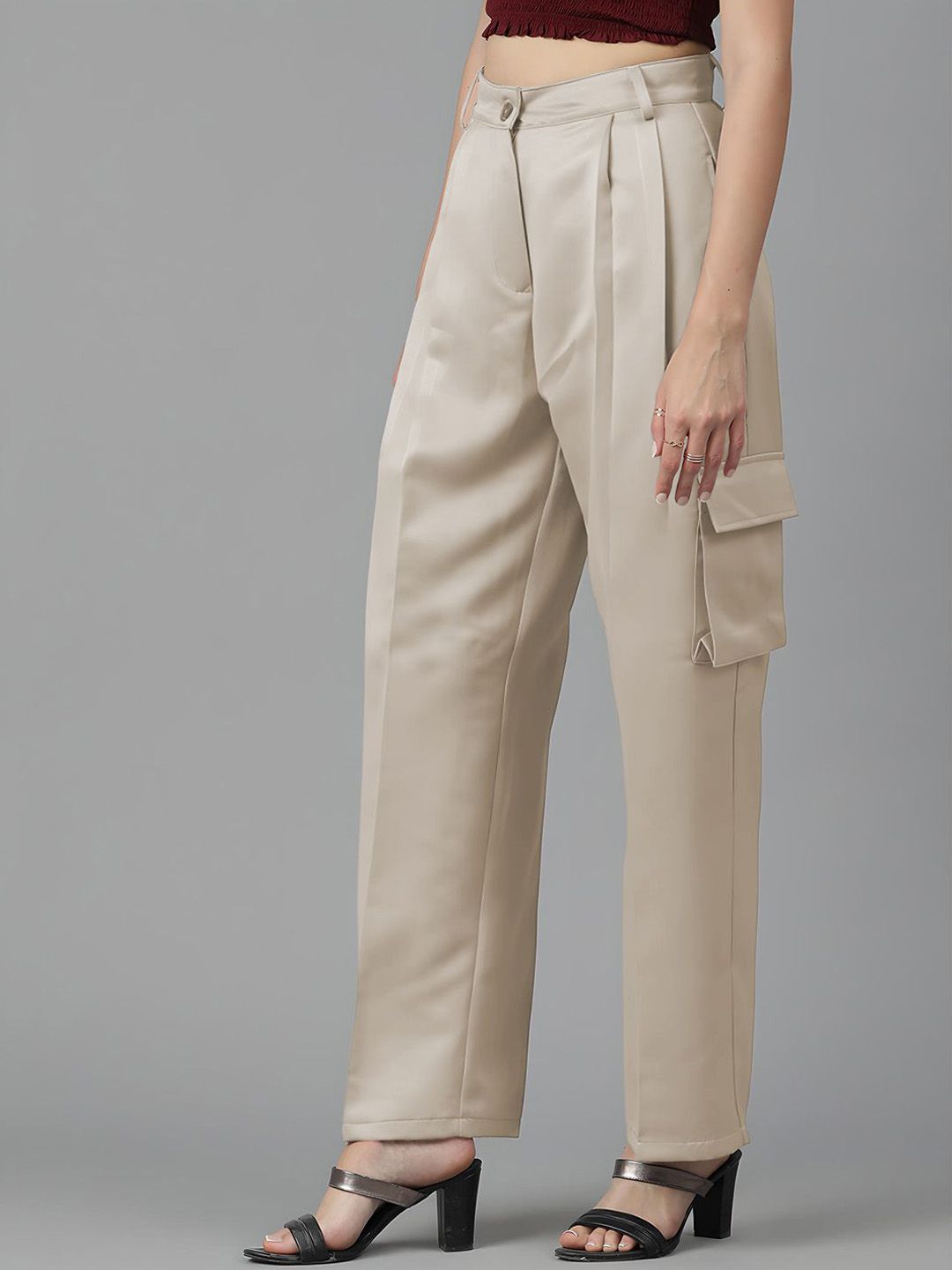 KOTTY BIZwear Women Straight Fit High-Rise Pleated Cargos