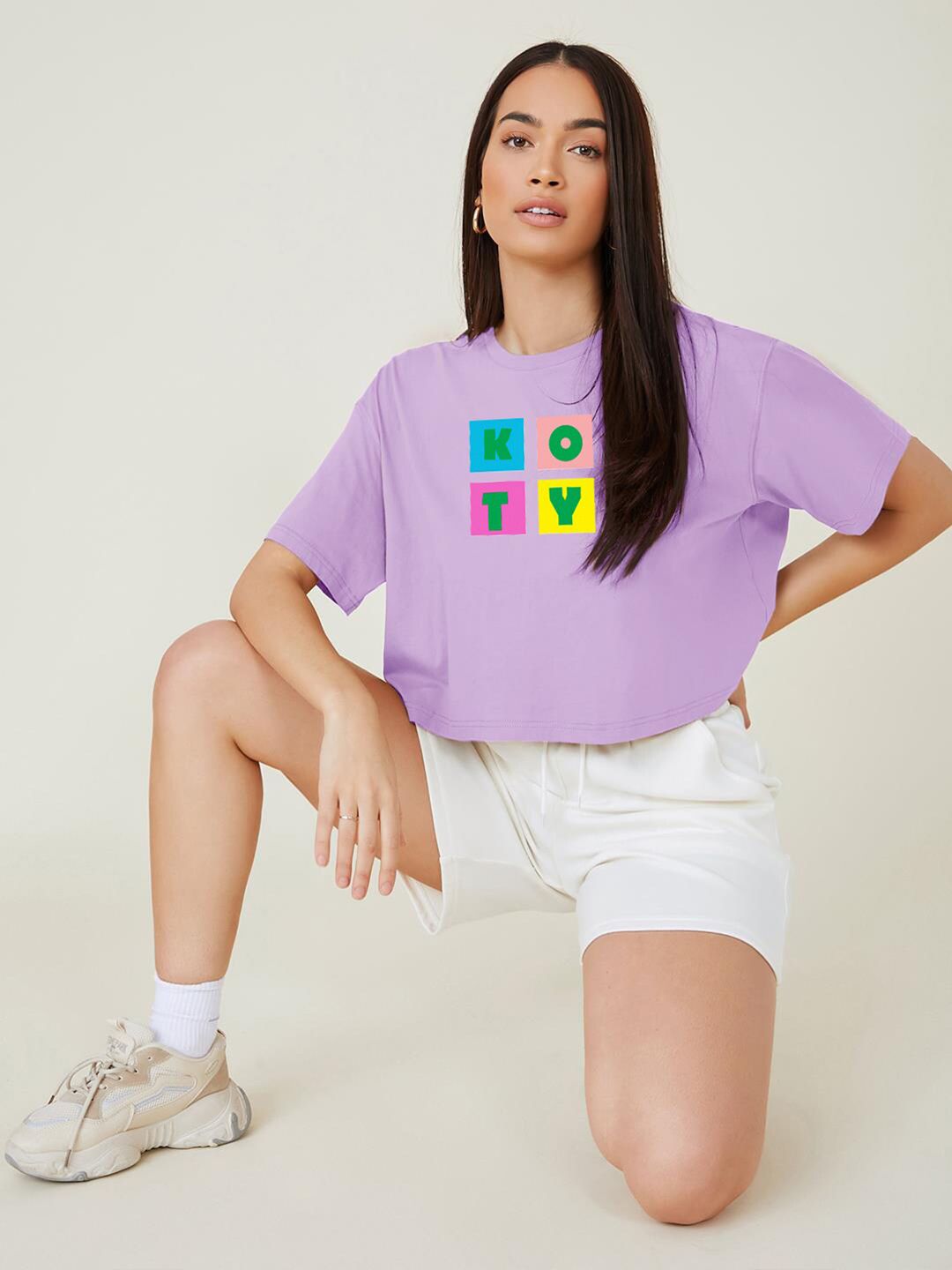 Kotty Purple Printed Round Neck Drop-Shoulder Sleeves Crop Oversized T-shirt