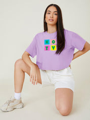 Kotty Purple Printed Round Neck Drop-Shoulder Sleeves Crop Oversized T-shirt