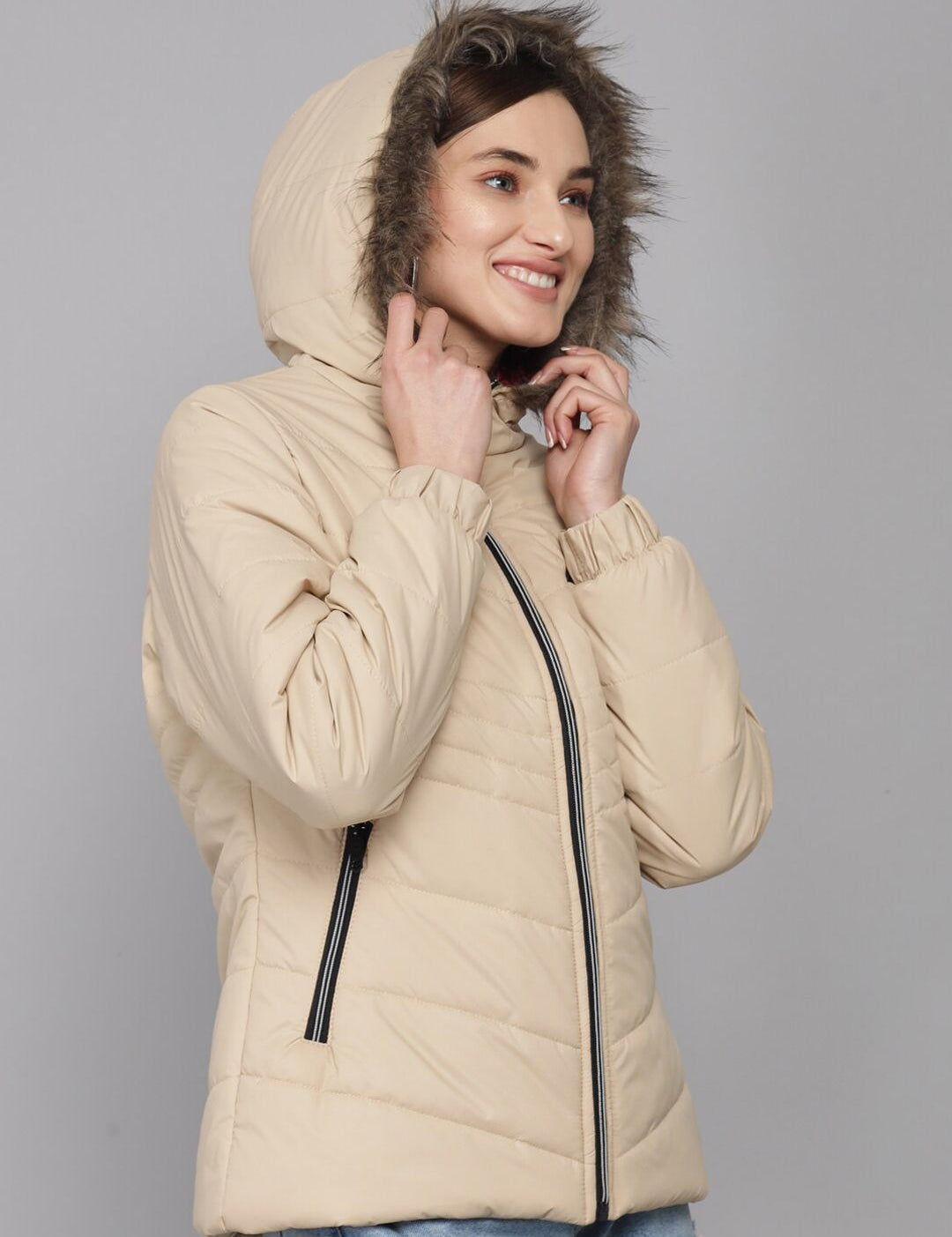 Kotty Women Beige Solid Longline Puffer Jacket