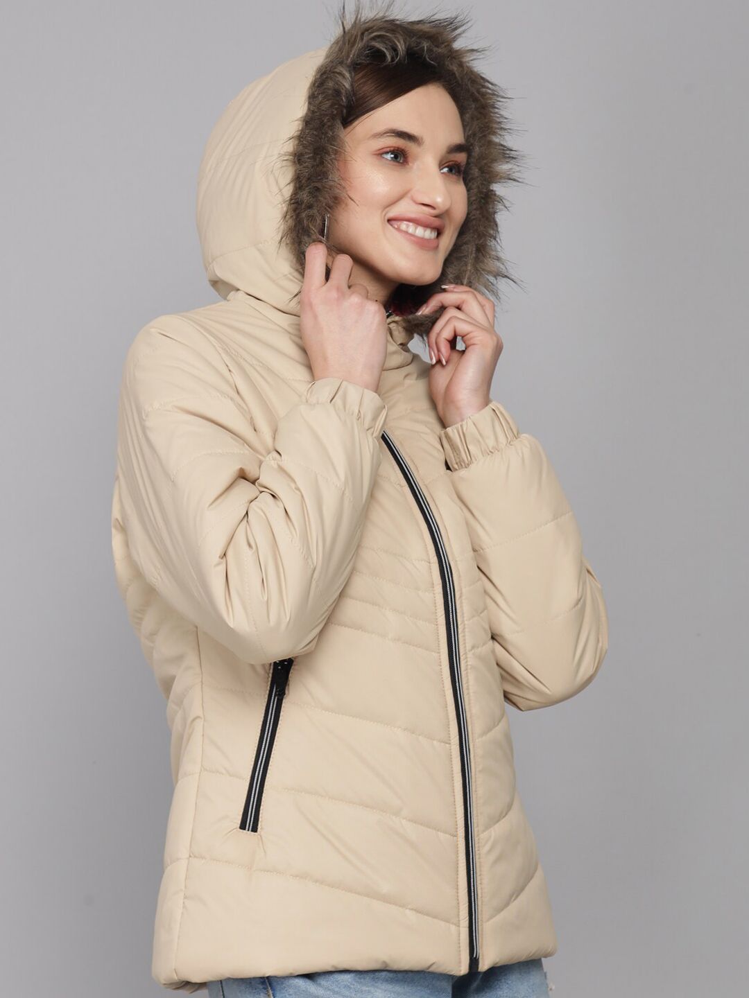 Kotty Women Beige Solid Longline Puffer Jacket