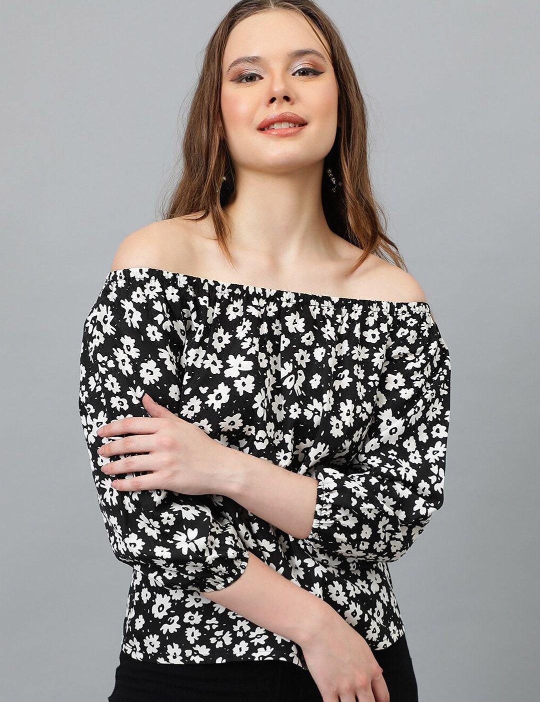 Kotty Black Floral Print Off-Shoulder Puff Sleeve Crepe Bardot Top