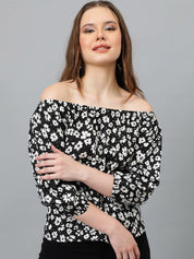 Kotty Black Floral Print Off-Shoulder Puff Sleeve Crepe Bardot Top