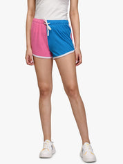 Kotty Women Pink And Blue Colourblocked Regular Fit Hot Pants