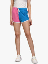Kotty Women Pink And Blue Colourblocked Regular Fit Hot Pants