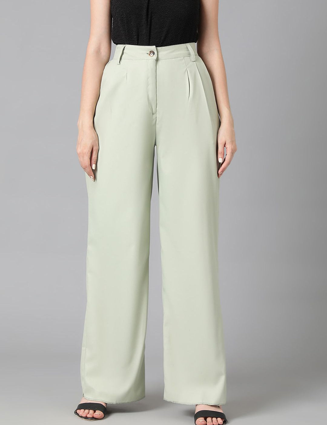 Kotty Women Green Relaxed Straight Leg High-Rise Easy Wash Pleated Trousers