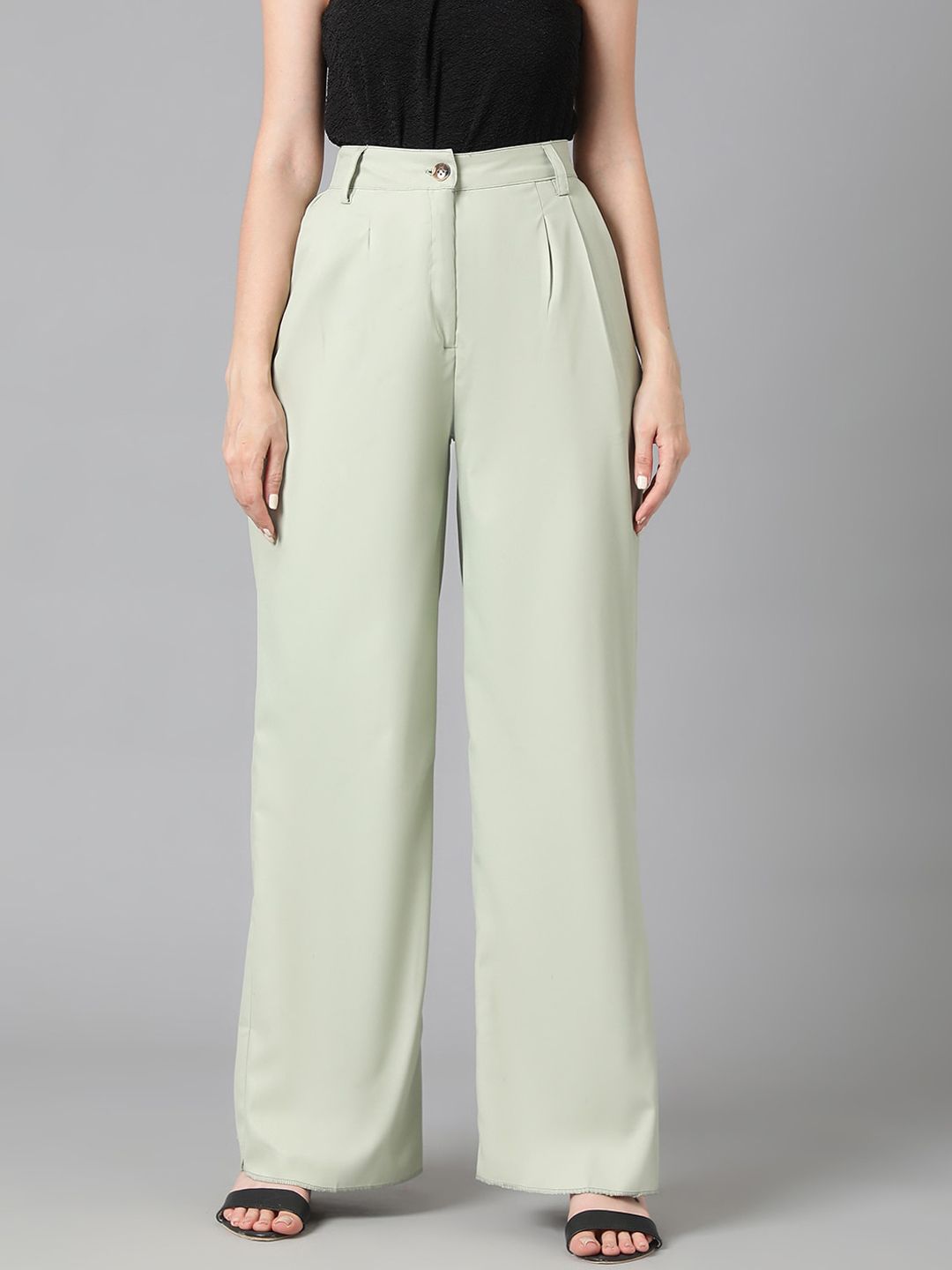 Kotty Women Green Relaxed Straight Leg High-Rise Easy Wash Pleated Trousers