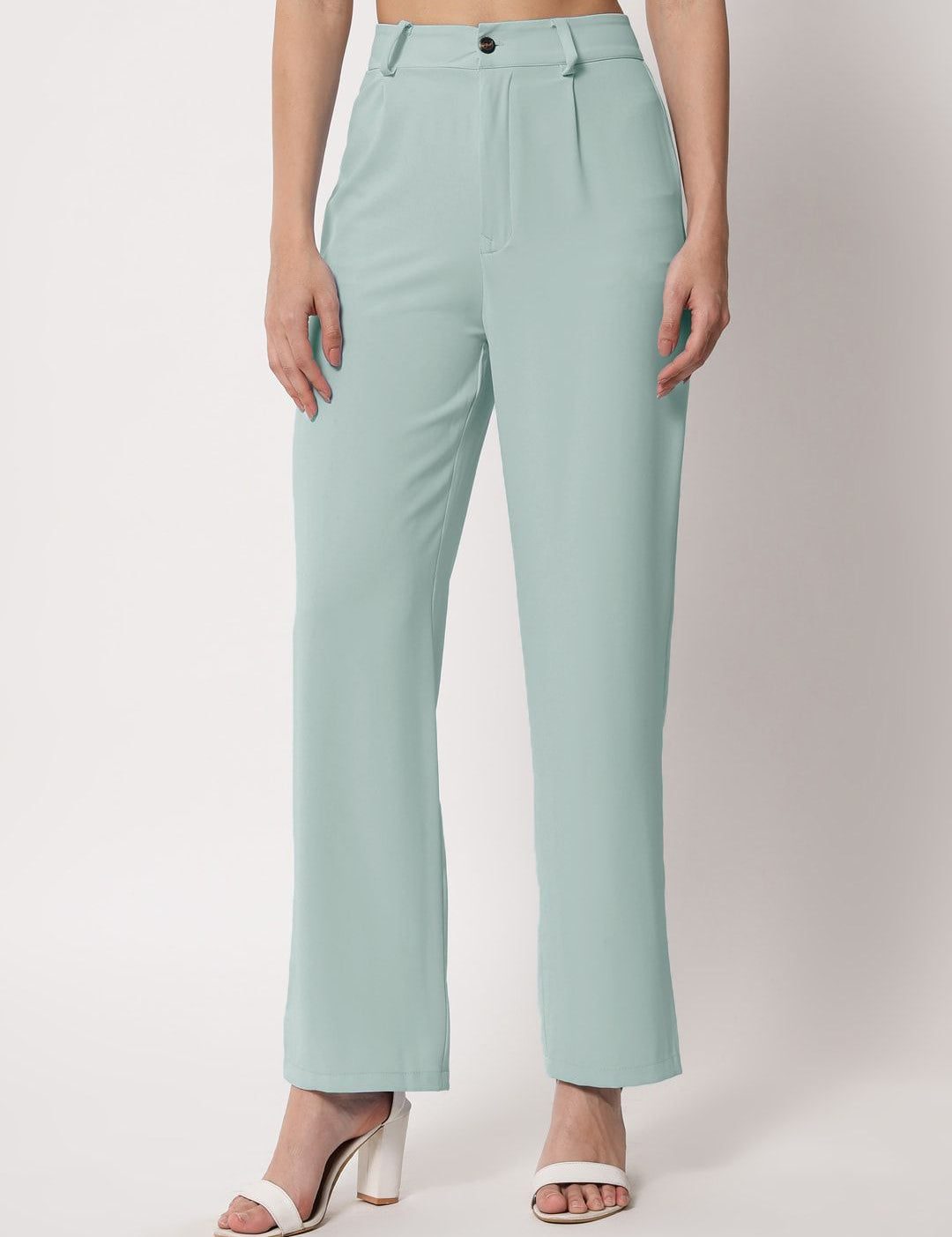 KOTTY BIZwear Women Green Relaxed Straight Leg Straight Fit High-Rise Trousers