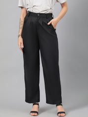 Kotty Women Black Relaxed Straight Leg Fit High-Rise Easy Wash Pleated Parallel Trousers