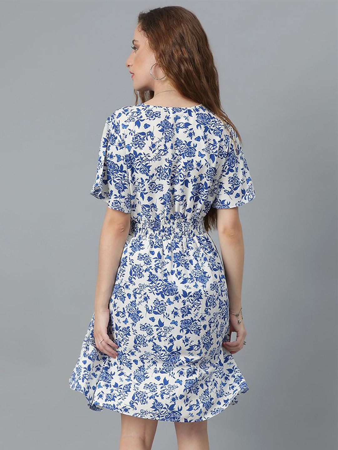 Kotty Blue Floral Printed Flared Sleeve Fit & Flare Dress