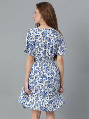 Kotty Blue Floral Printed Flared Sleeve Fit & Flare Dress
