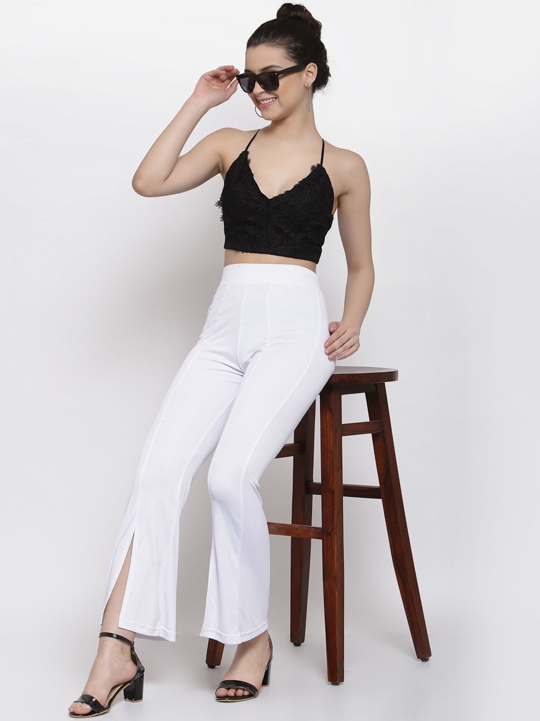 Kotty Women White Flared High-Rise Parallel Trousers