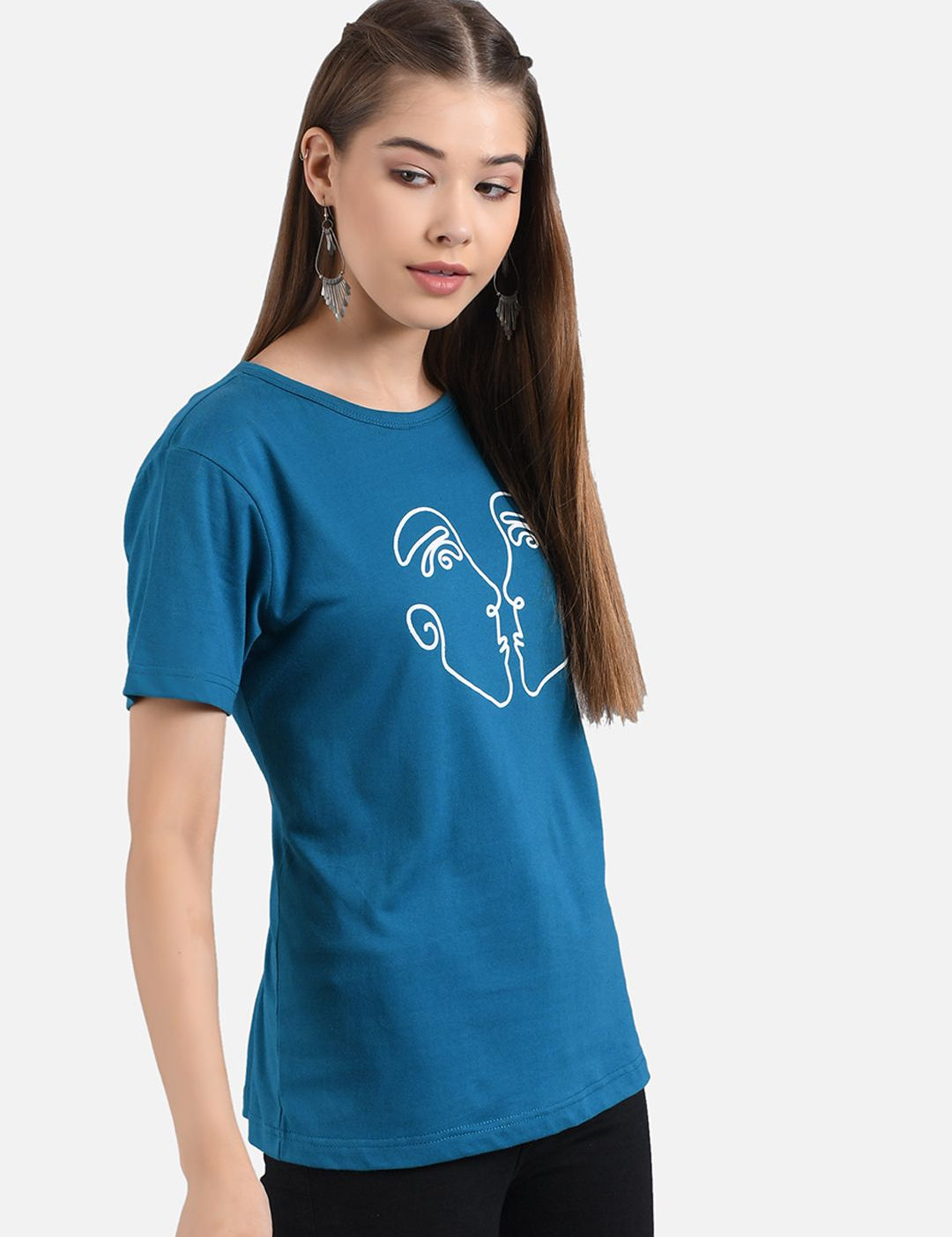 Kotty Women Blue Printed Round Neck T-shirt