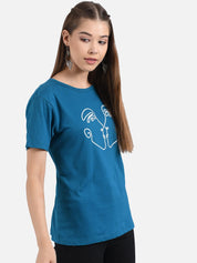 Kotty Women Blue Printed Round Neck T-shirt