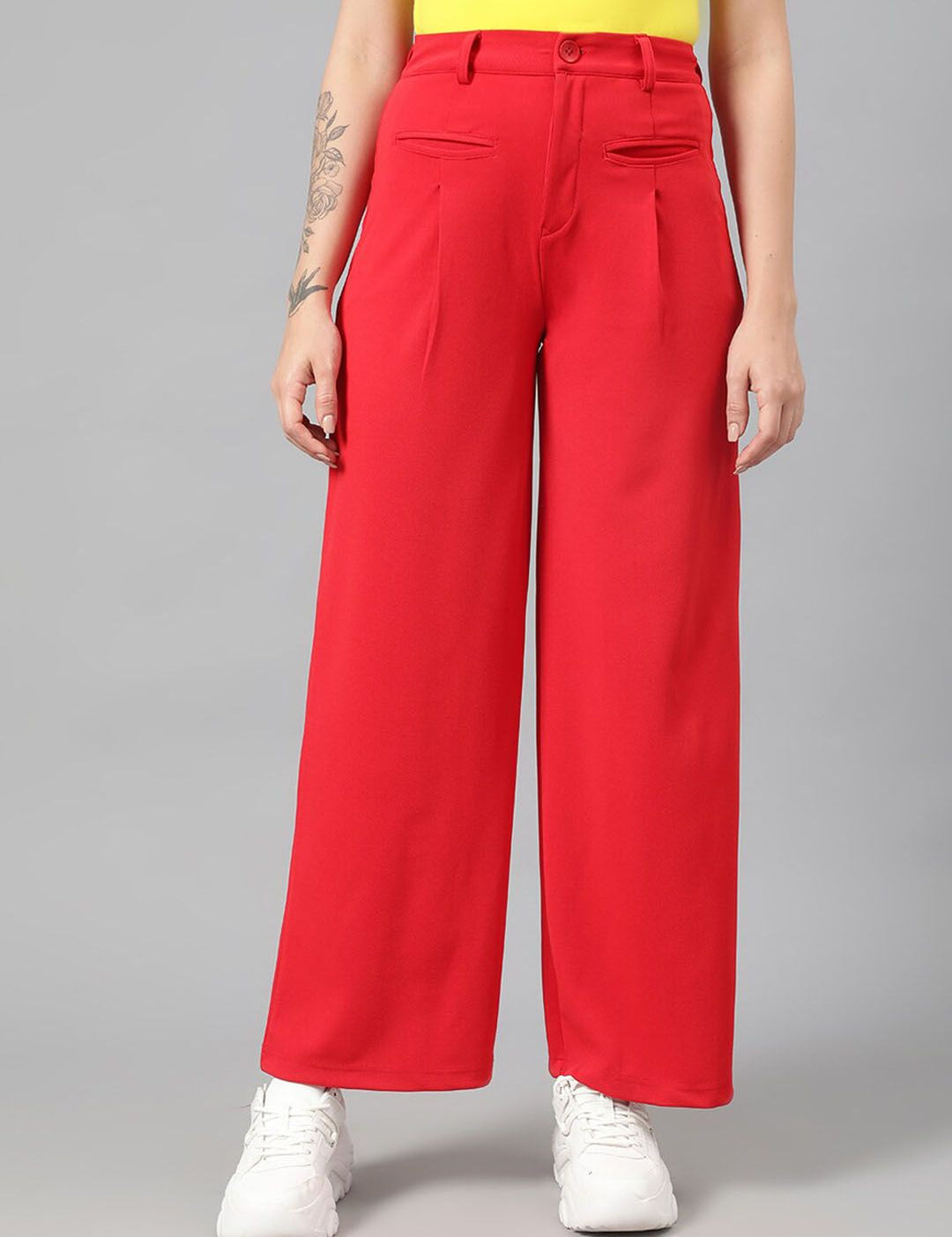 Kotty Women Red Relaxed Straight Leg Fit High-Rise Easy Wash Pleated Parallel Trousers