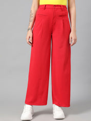 Kotty Women Red Relaxed Straight Leg Fit High-Rise Easy Wash Pleated Parallel Trousers
