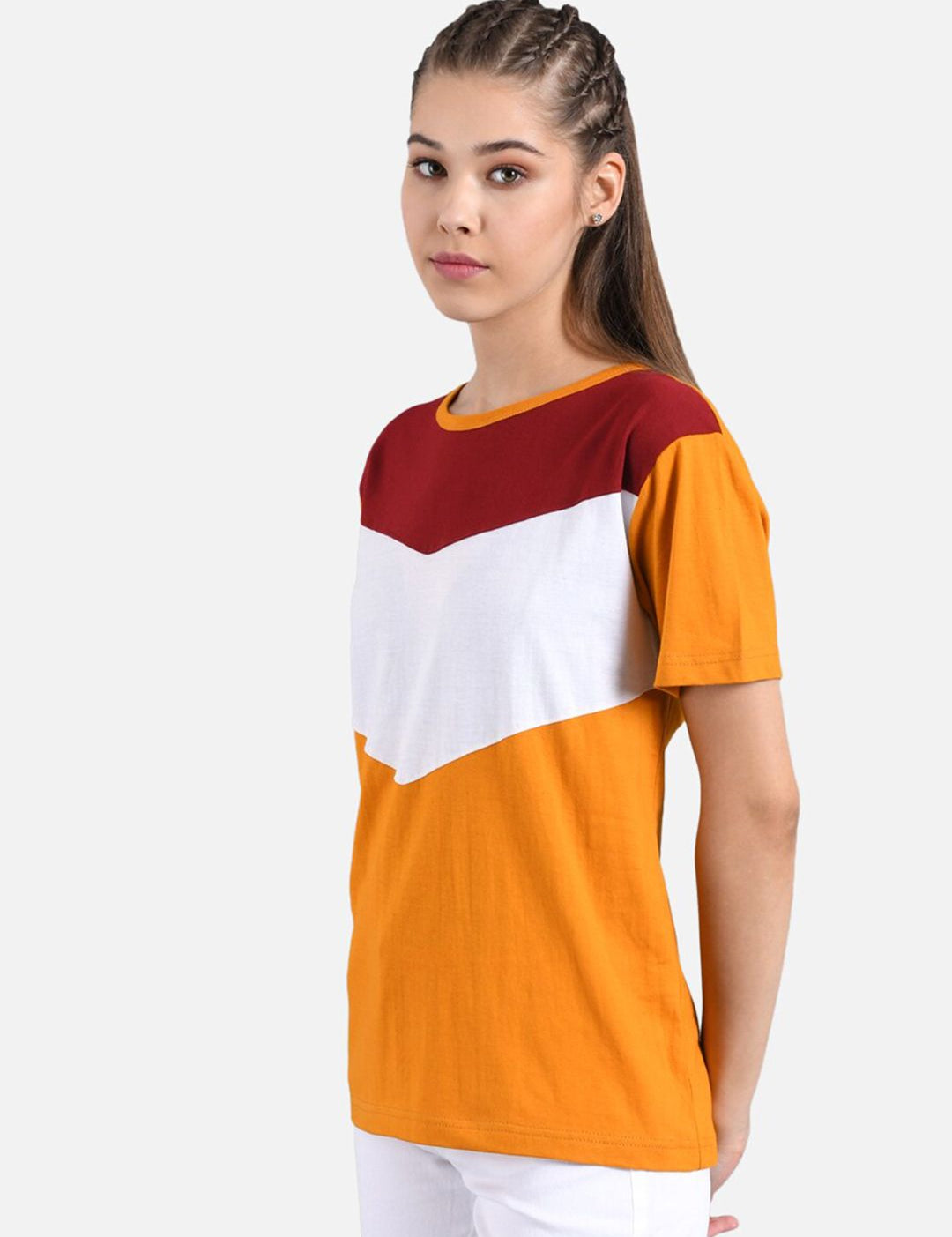 Kotty Women Mustard Yellow & White Colourblocked Boat Neck T-shirt