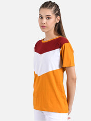 Kotty Women Mustard Yellow & White Colourblocked Boat Neck T-shirt