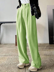 KOTTY BIZwear Women Green Relaxed Straight Leg Straight Fit High-Rise Easy Wash Pleated Trousers