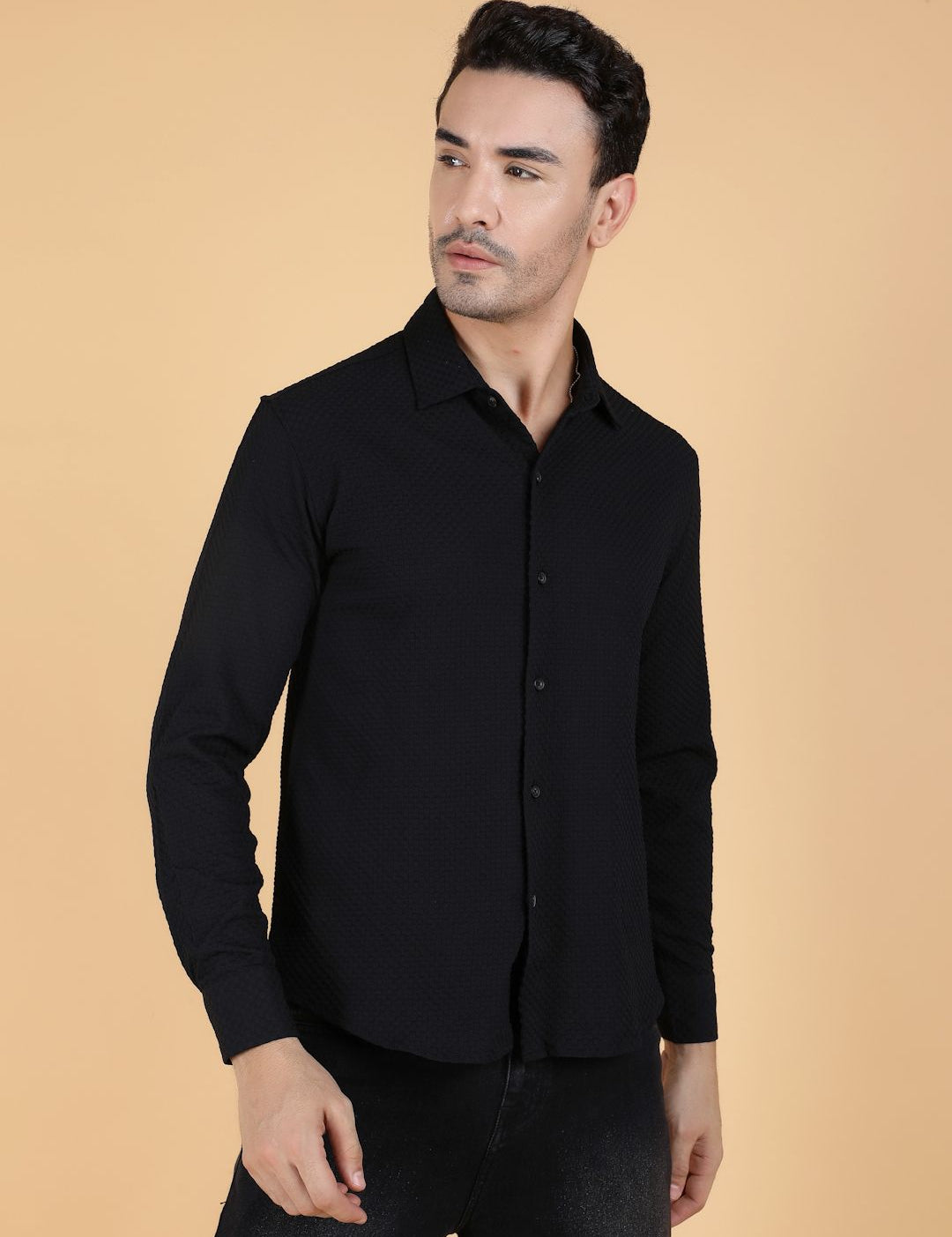 Kotty Men Relaxed Fit Spread Collar Textured Cotton Casual Shirt