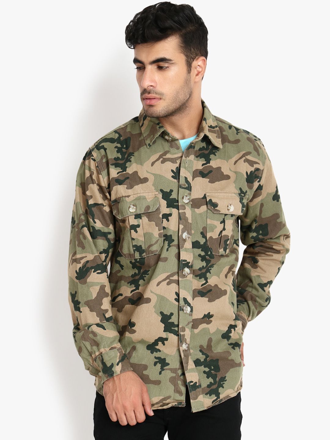 Kotty Men Green & Beige Camouflage Tailored Jacket