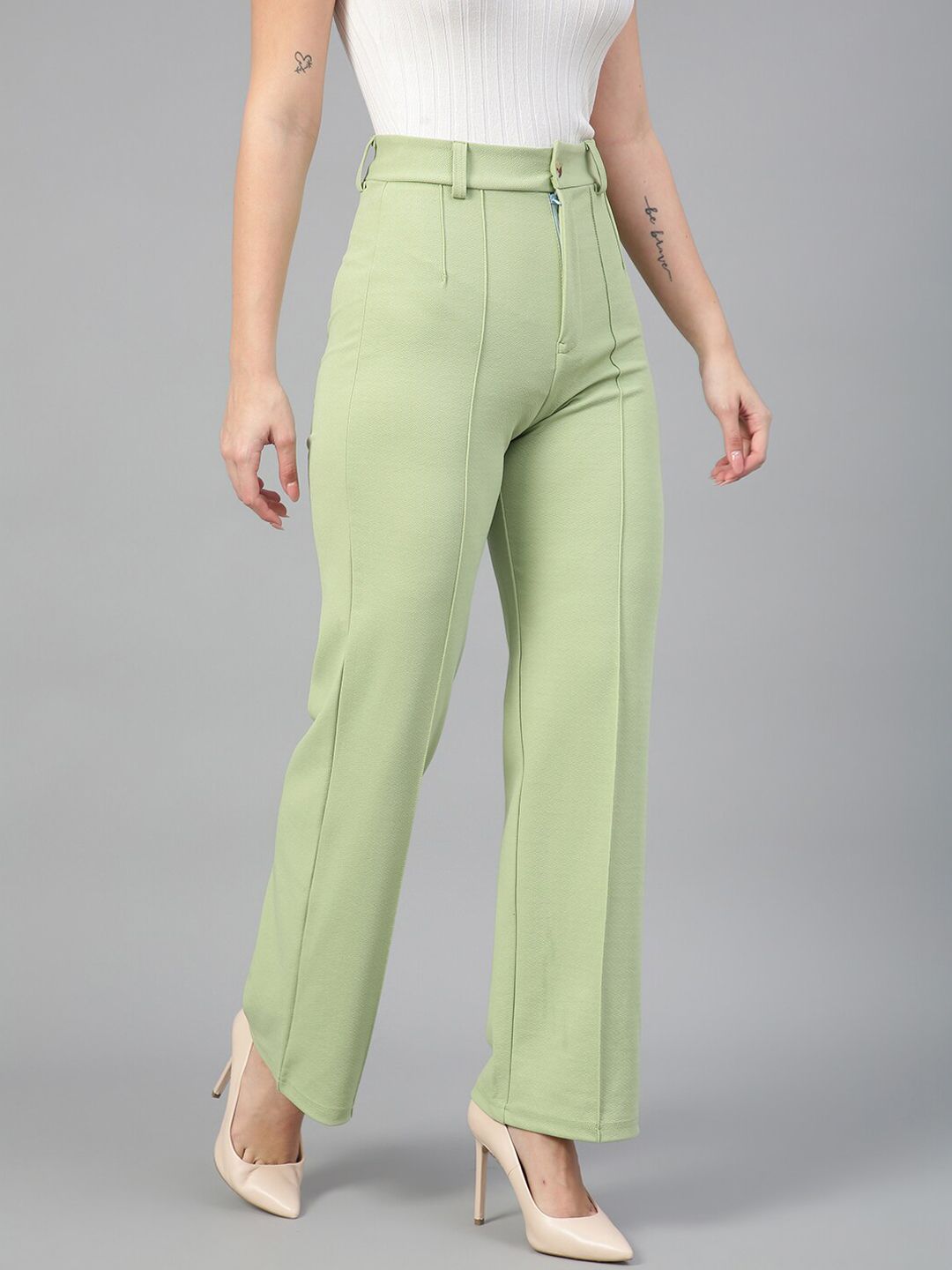 KOTTY BIZwear Women Relaxed Straight Fit High-Rise Easy Wash Pleated Parallel Trousers