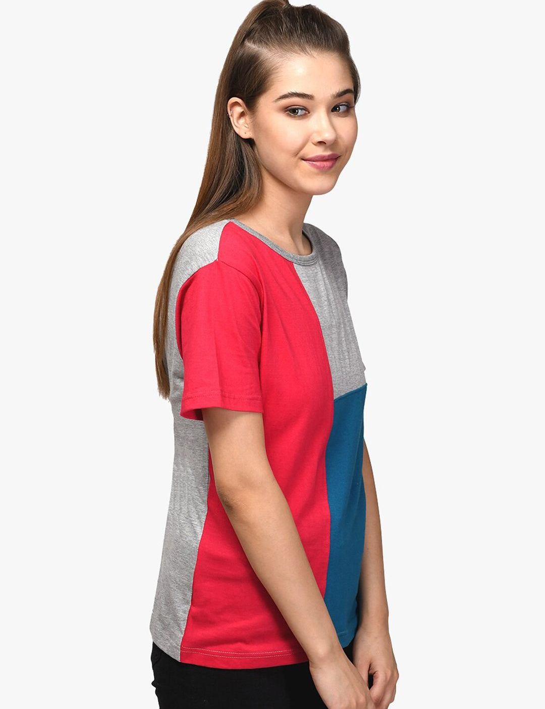 Kotty Women Red & Blue Colourblocked Round Neck T-shirt