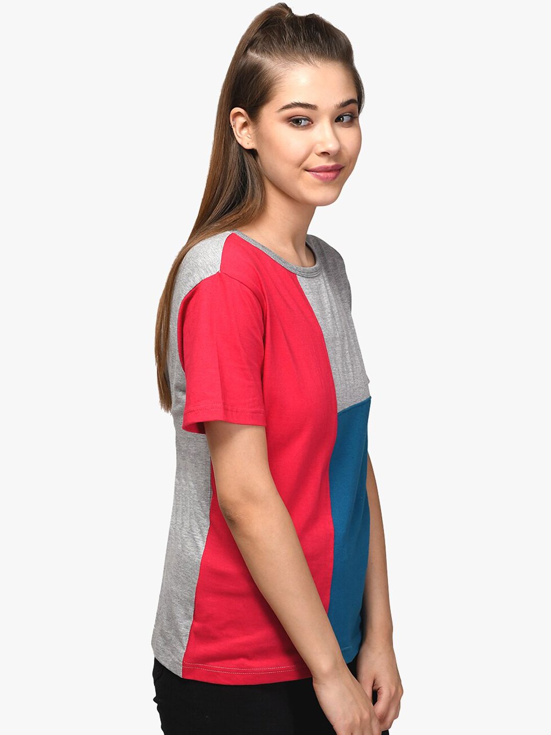 Kotty Women Red & Blue Colourblocked Round Neck T-shirt