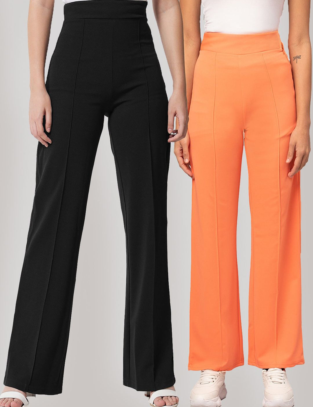 Kotty Women Pack Of 2 Relaxed Straight Leg High-Rise Easy Wash Parallel Trousers