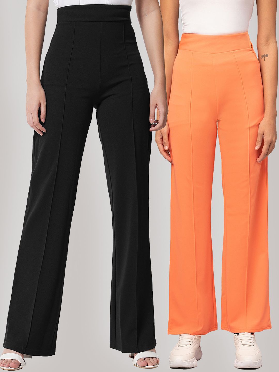 Kotty Women Pack Of 2 Relaxed Straight Leg High-Rise Easy Wash Parallel Trousers