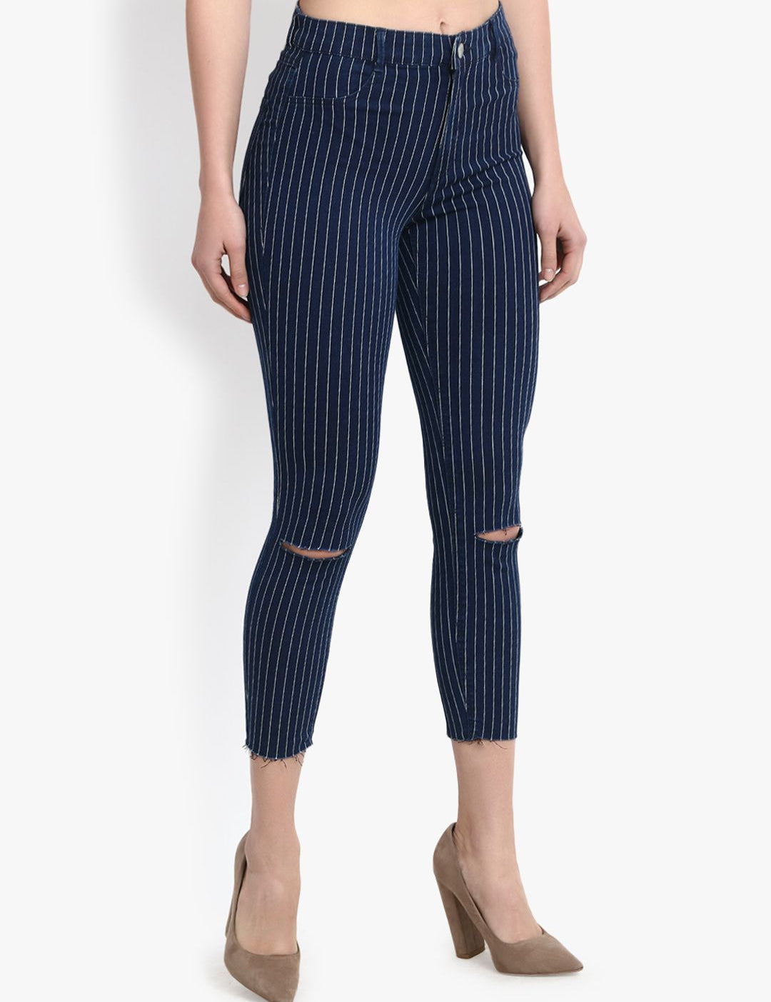 Kotty Women Blue & White Skinny Fit High-Rise Slash Knee Jeans