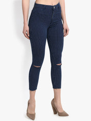 Kotty Women Blue & White Skinny Fit High-Rise Slash Knee Jeans