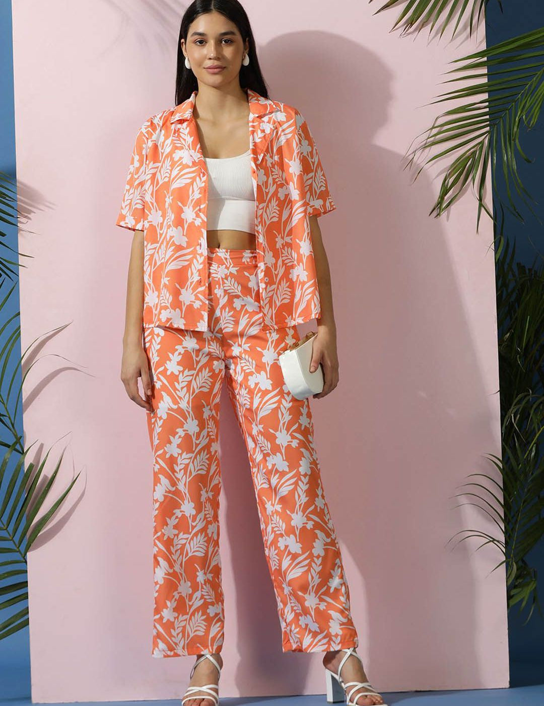 Kotty Orange Floral Printed Shirt Collar Shirt With Trousers  