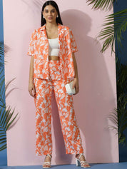 Kotty Orange Floral Printed Shirt Collar Shirt With Trousers  