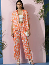 Kotty Orange Floral Printed Shirt Collar Shirt With Trousers