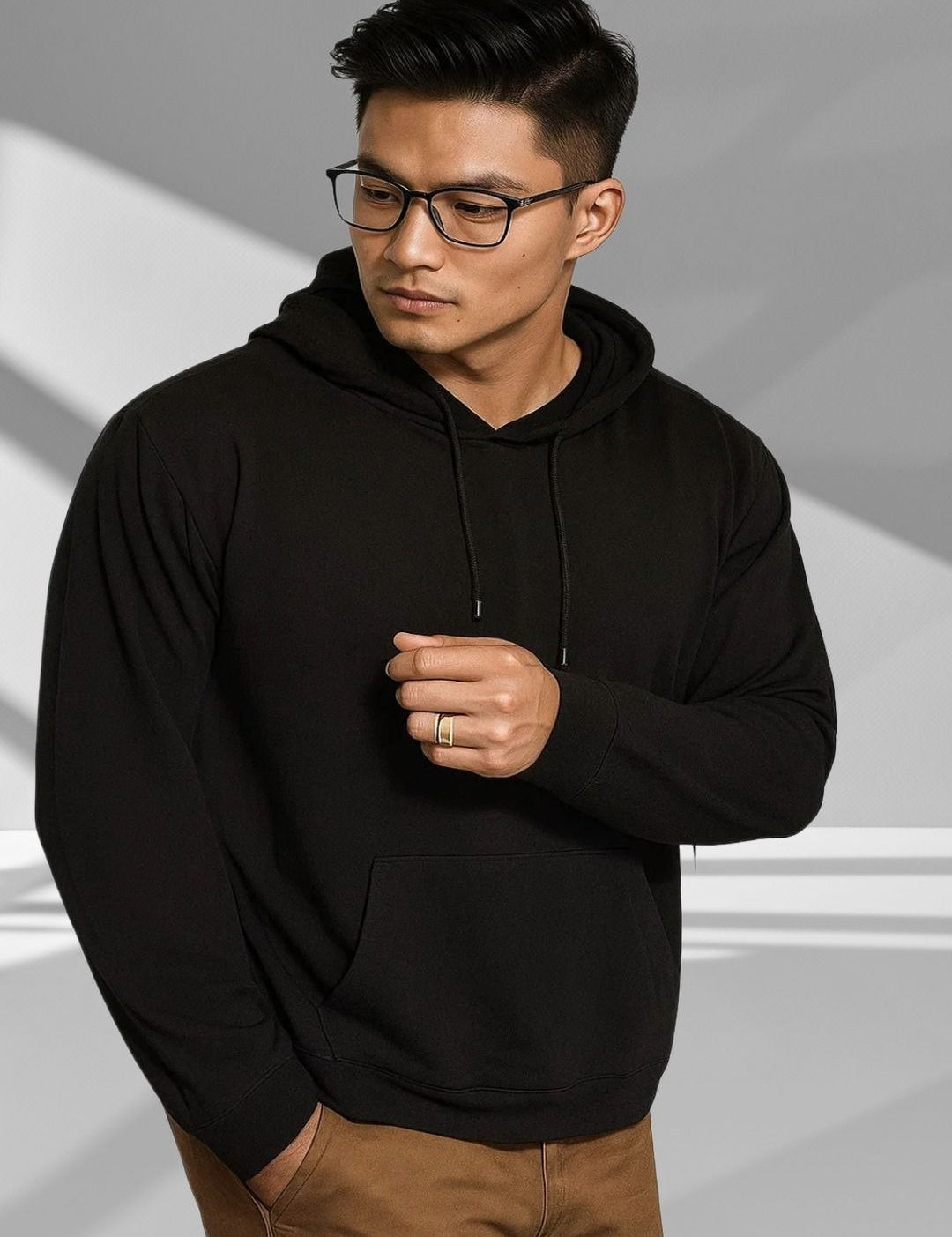 Kotty Men Hooded Solid Ribbed Cotton Pullover Sweatshirt