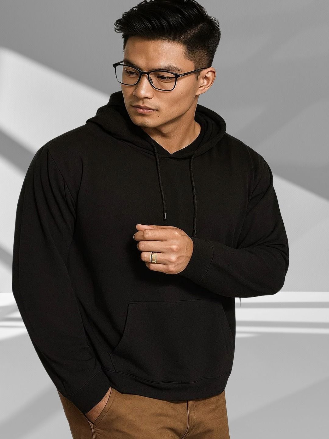 Kotty Men Hooded Solid Ribbed Cotton Pullover Sweatshirt