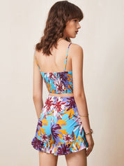 Kotty Blue Floral Printed Shoulder Straps Top With Shorts