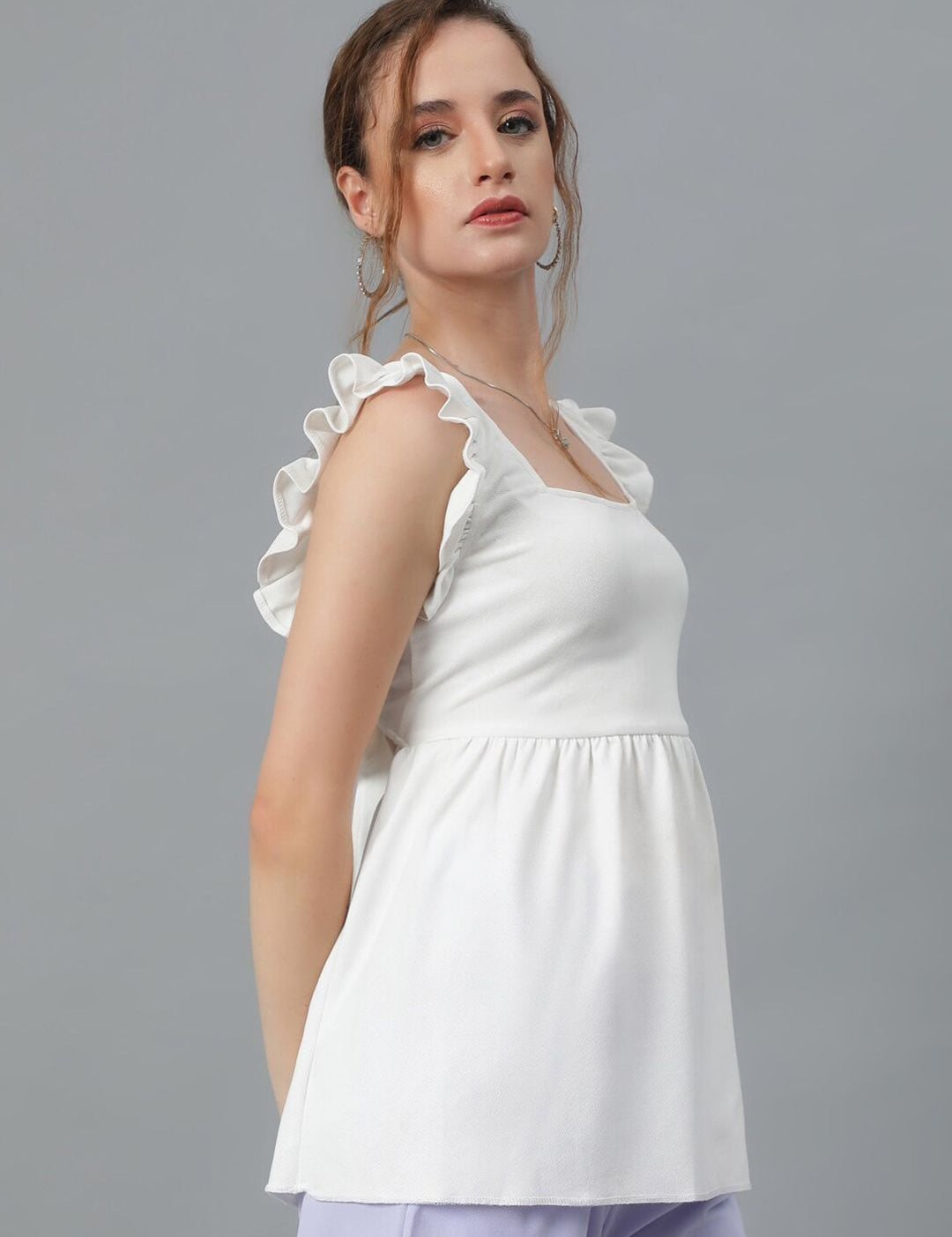 Kotty White Square Neck Flutter Sleeves A-Line Top